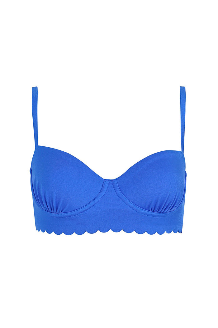 Lauren bikini top in cobalt blue with underwire cups and scalloped trim along the band