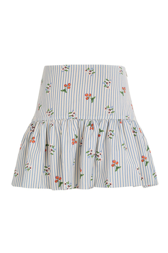 Leonor mini skirt in white with blue vertical stripes and scattered pattern detail embroidery with orange berries and pink blossoms, gathered tier at…