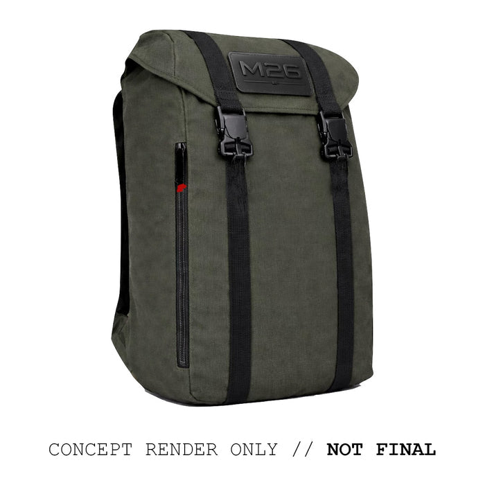 The M26 PREORDER // Q4 2026 ETA is a dark green backpack with black straps and an "M26" label, inspired by the M1945 field pack. Made from durable 500D CORDURA. Concept render shown; final design may vary.