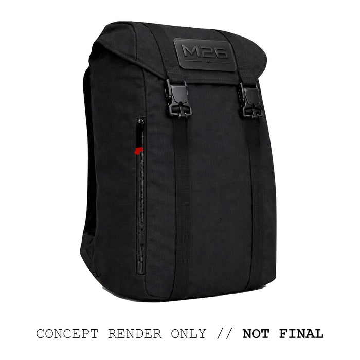 Black "M26 PREORDER // Q4 2026 ETA" backpack featuring a top flap, rugged 500D CORDURA, front zipper pocket, bold "CONCEPT RENDER ONLY // NOT FINAL" text, and a bombproof laptop compartment for extra security.