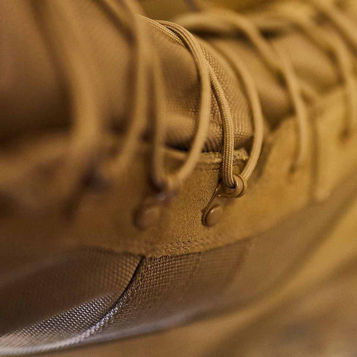 GORUCK coyote brown boot closeup showing rugged ankle eyelet and durable laces
