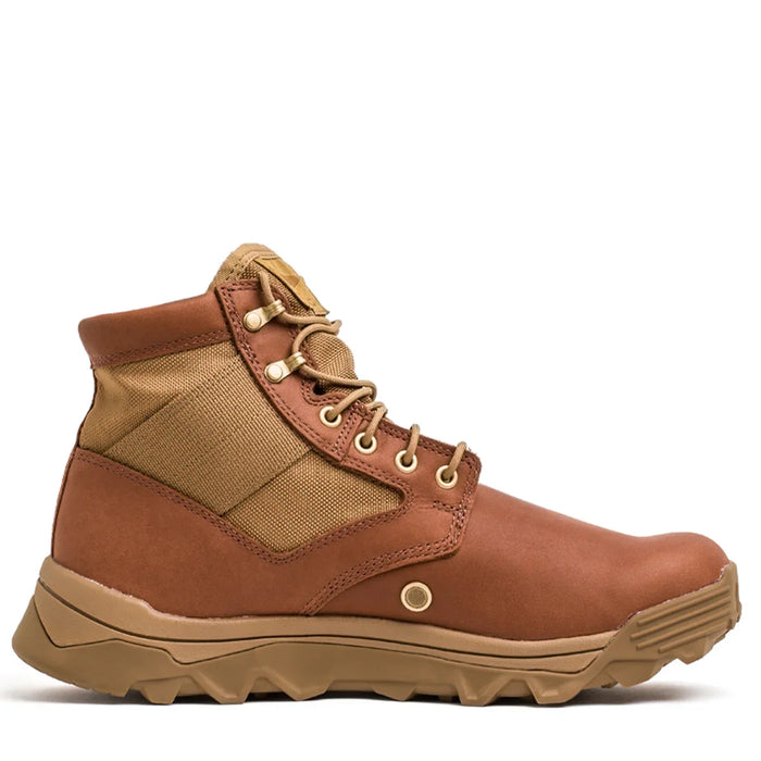 GORUCK brown mid-top rucking boot with rugged sole and reinforced laces on white background