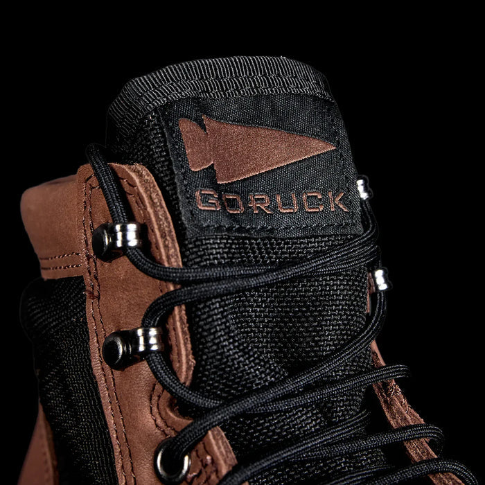 GORUCK MACV-2 Mid Top rucking boot in chestnut brown and black, close-up on laces and logo