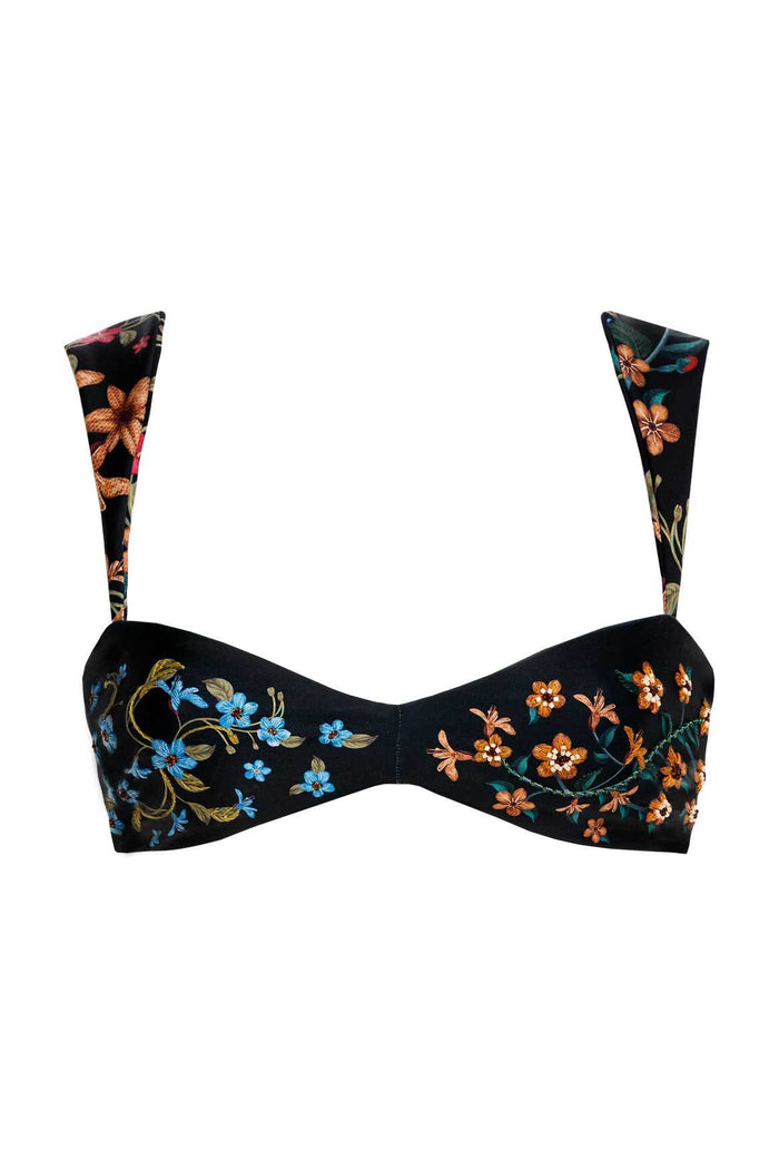 Black bikini top with handmade embroidered floral pattern in blue, orange, and coral tones with adjustable straps