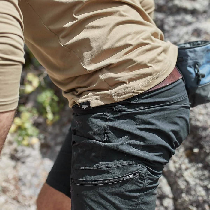 Close-up of GORUCK tough black rucking shorts with zipper pocket outdoors