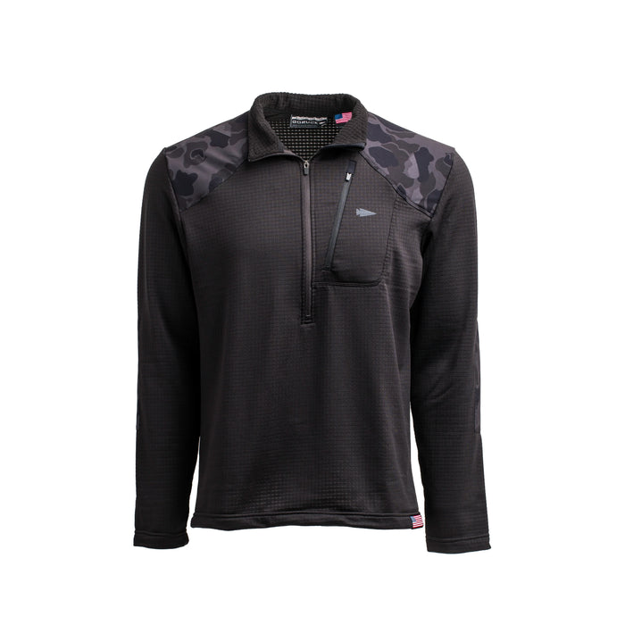GORUCK black indestructible Grid Fleece half zip pullover with black Frogskin camo accents