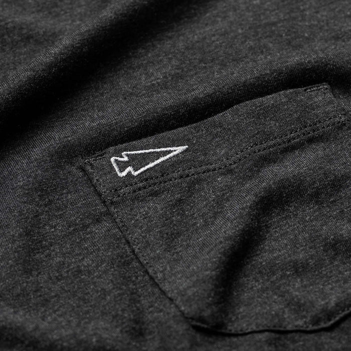 GORUCK men's black triblend long sleeve shirt pocket with white spearhead outline embroidery