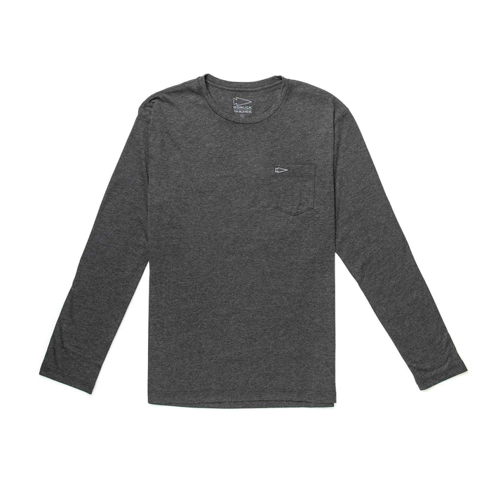 GORUCK men's charcoal long sleeve triblend shirt with pocket and spearhead embroidery