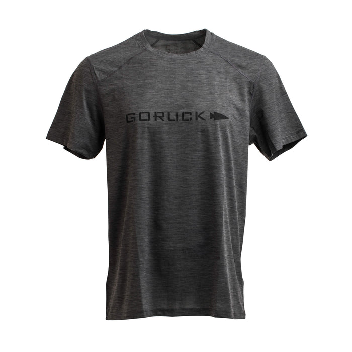 GORUCK men's dark grey performance tee, size L, short sleeve, Vietnam made, front view