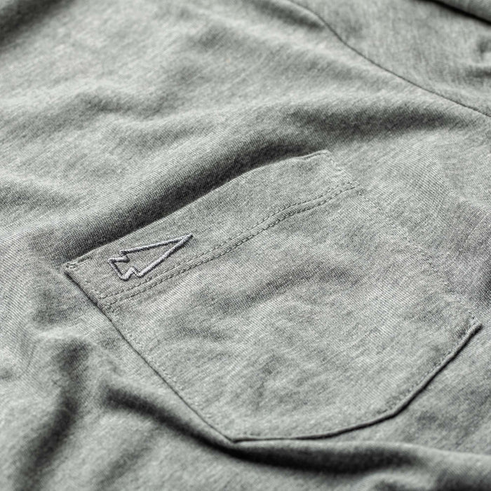 GORUCK men's heather grey triblend polo shirt with pocket and spearhead embroidery detail