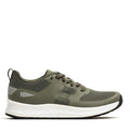 Introducing the Men's Rough Runner - Earth athletic shoe by GORUCK: a sleek green design featuring a white textured sole and black accents. This lace-up style includes reflective arrow details and is crafted with lightweight, breathable mesh fabric. The Gradient Density midsole ensures a comfortable fit for any adventure.