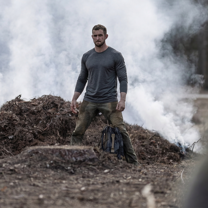 A man wearing the Men's Slick Long Sleeve - Tri-BlendX stands by a smoking pile of debris in a rugged outdoor setting.