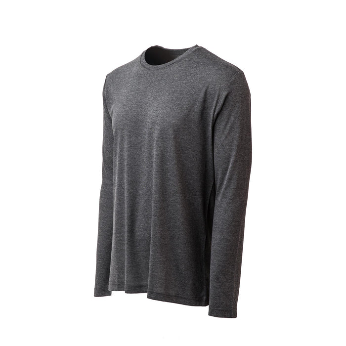 GORUCK men's charcoal long sleeve triblend shirt, size L, blank, on white background