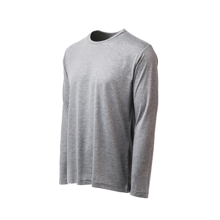 GORUCK men's heather grey long sleeve triblend shirt, size L, blank front, studio view