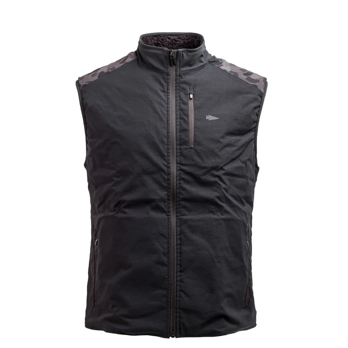 GORUCK black ToughDry fleece vest with camo shoulder accents, front zippers, no hood