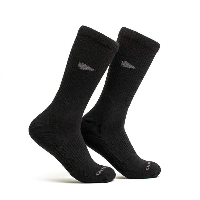 GORUCK black merino wool long crew socks with logo, durable rucking gear on white background