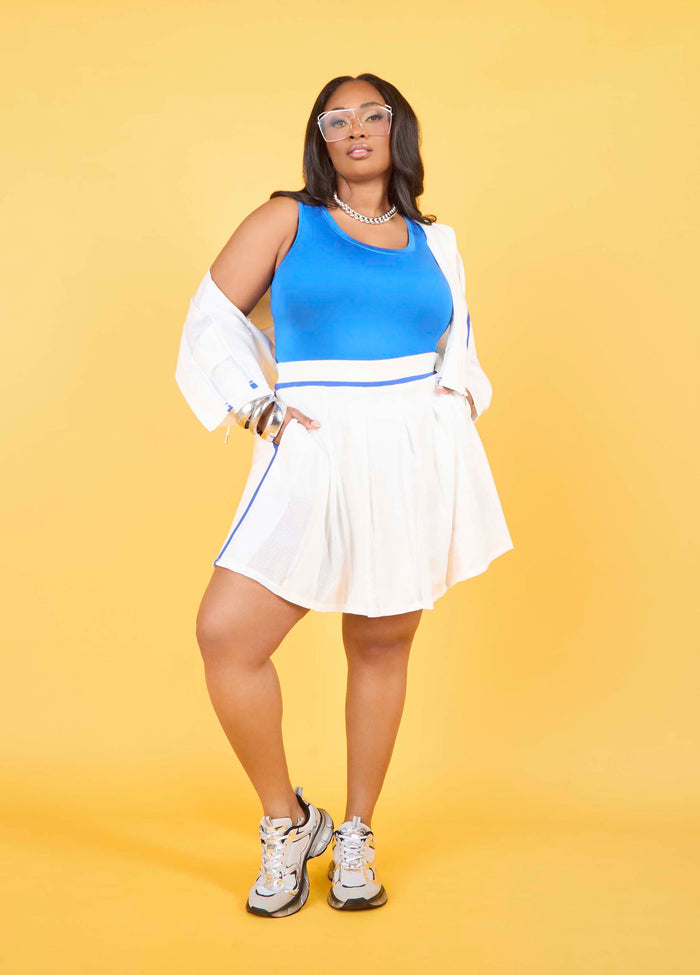 Plus Size Piped White Mesh Skort Trendy Tennis Matching Set
