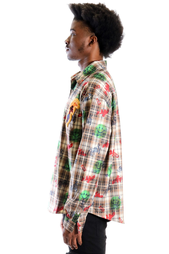 Monarch L.T.K. Men's premium Long Sleeve Plaid button down shirt with hand sketch drawing pop art