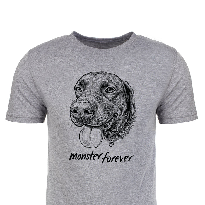 Monster Forever Tee // PREORDER: Gray t-shirt featuring a detailed dog face illustration with the text “monster forever” beneath the image.