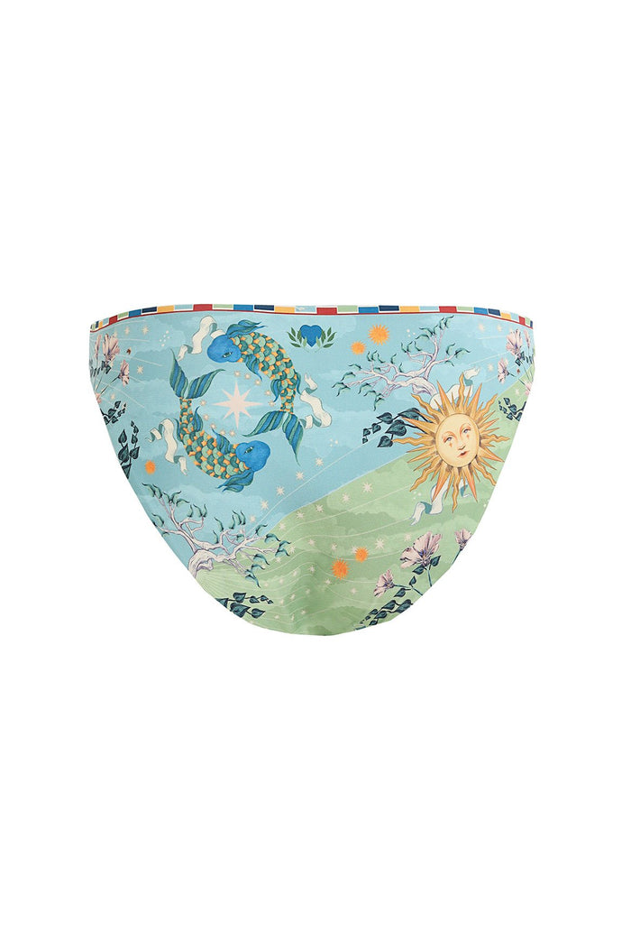Reversible low-rise bikini bottom with blue and green gradient print featuring mermaids, sun emblems, stars and botanical details, multicolor striped…
