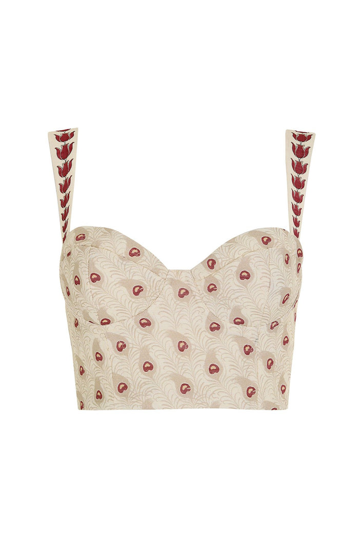 Nader Lupe structured crop top in cream with red scalloped print and pattern detail straps