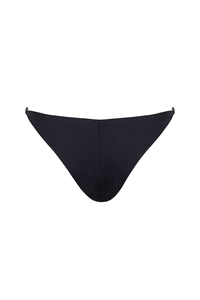 Black bikini bottom with side hardware details and tie closures
