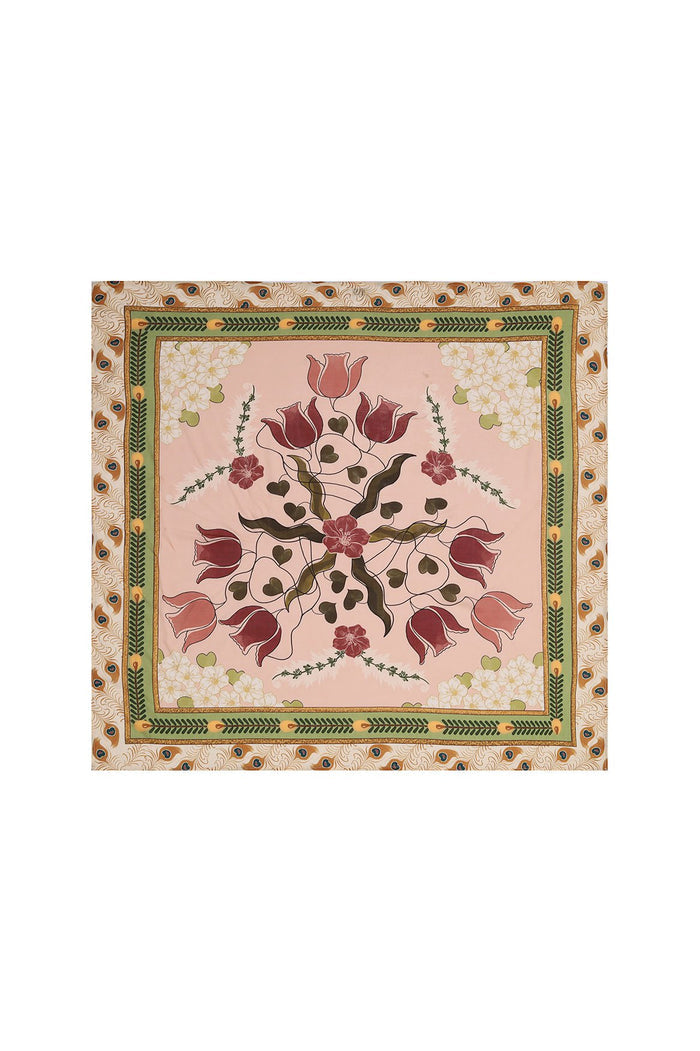 Nader Verona Scarf in blush pink with central floral arrangement of tulips and botanical details, framed by green chevron and peacock feather borders