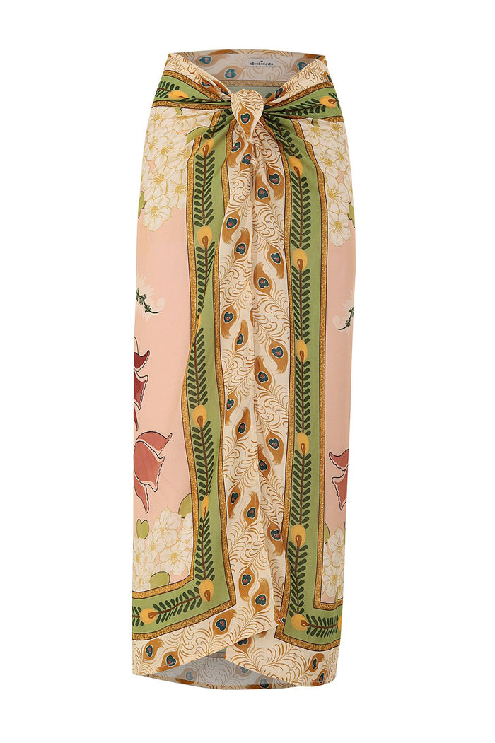 Verona scarf in blush pink with vertical striped borders of green ferns, cream swirls, and teardrop shapes, plus floral corners and coral silhouettes…