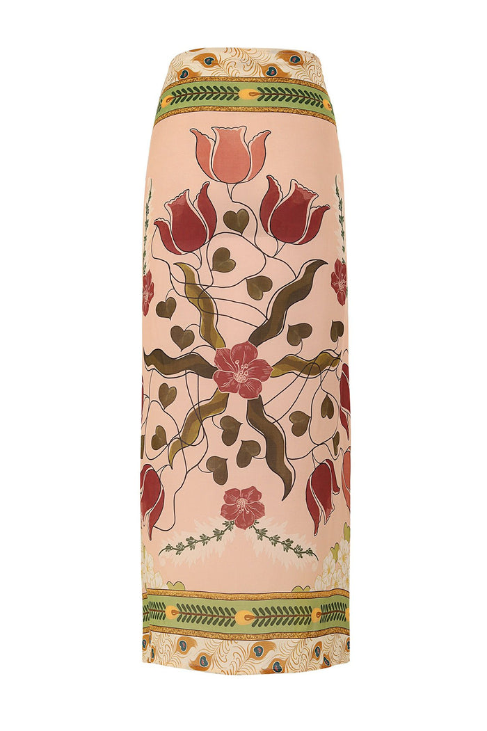 Peach square scarf with tulip and floral print bordered by peacock feather and botanical bands