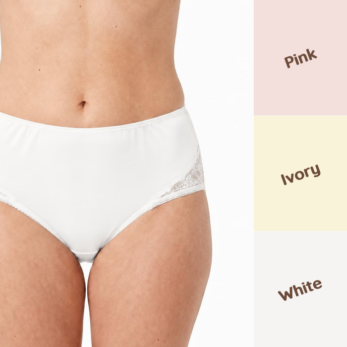 A model wears ivory Nylon and Lace Brief Panty (Style M108/Beatrice) by Teri Lingerie, shown beside three color swatches—Pink, Ivory, and White—from the 3-pack assortment.