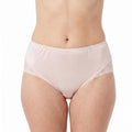 A model wears Teri Lingerie's Nylon and Lace Brief Panty (Style M108/Beatrice) 3 Pack in Light Pink, featuring high-waisted feminine design with lace side details, shown from waist to upper thighs against a white background.