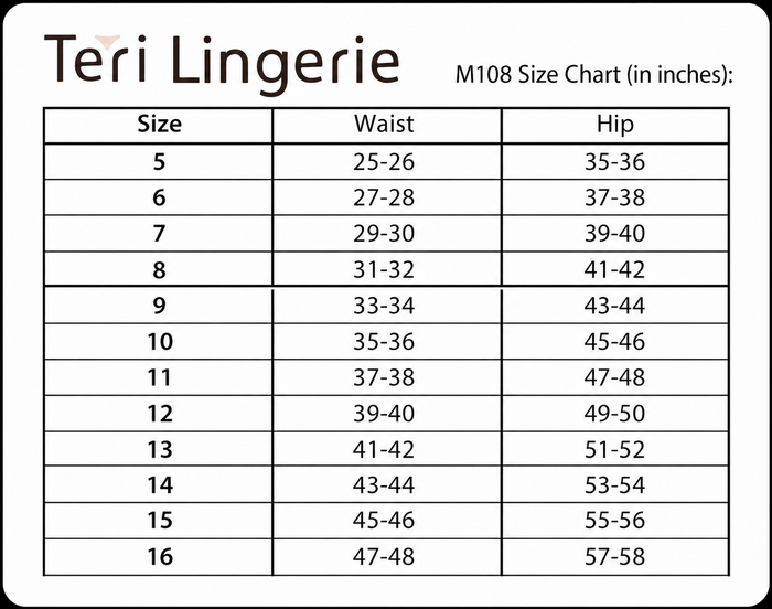 Teri Lingerie M108 Beatrice size chart showing sizes 5-16 with waist measurements of 25-48 inches and hip measurements of 35-58 inches.