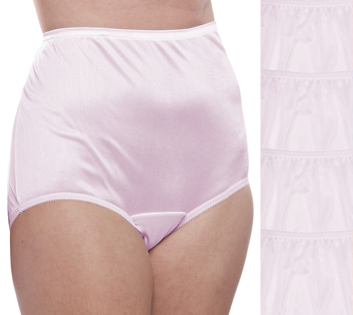 A person wears Teri Lingerie Nylon Brief Panty (Style 331/Plain Jane) in lilac, shown from waist to upper thigh, with a close-up of the fabric texture on the right.