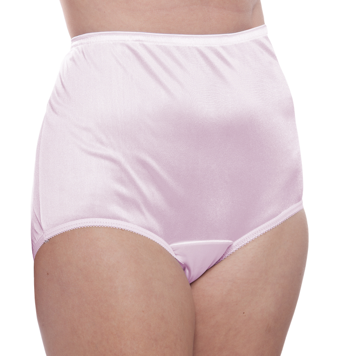 A close-up shows a person wearing Teri Lingerie’s Nylon Brief Panty (Style 331/Plain Jane) in lilac, from the waist to upper thighs, against a plain white background.