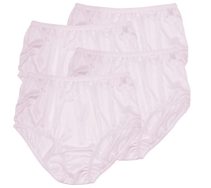 Four pairs of Teri Lingerie Nylon Brief Panty (Style 331/Plain Jane) in lilac are shown overlapping on a white background. These high-waisted, full coverage briefs offer smooth, shiny nylon fabric for comfort and style.
