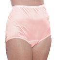 A close-up shows a person wearing Teri Lingerie Nylon Brief Panty (Style 331/Plain Jane) in pink, from the waist to mid-thigh, against a white background.