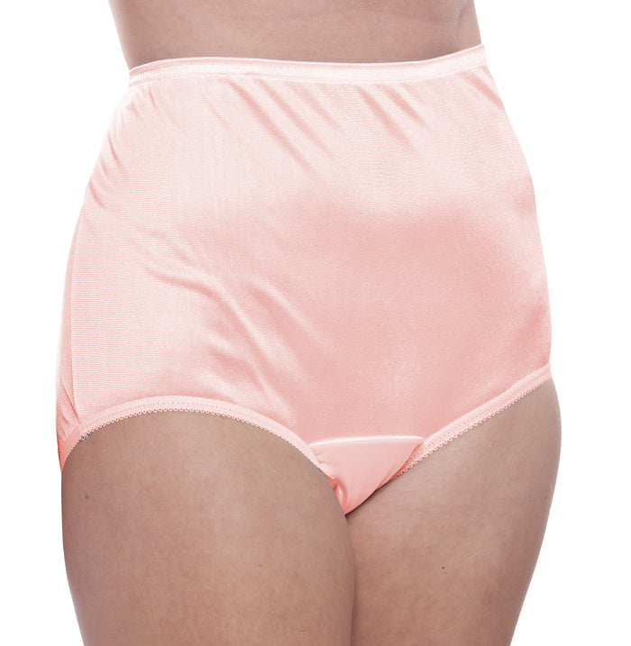 A close-up shows a person wearing Teri Lingerie Nylon Brief Panty (Style 331/Plain Jane) in pink, from the waist to mid-thigh, against a white background.