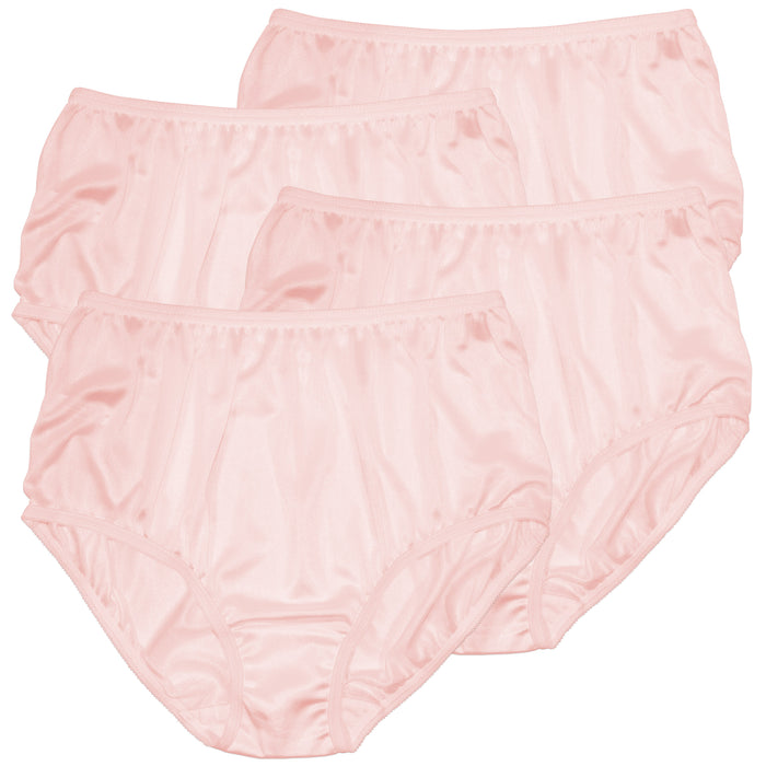 Four pairs of Teri Lingerie Nylon Brief Panty (Style 331/Plain Jane) in pink are arranged overlapping on a white background, showcasing classic full coverage underwear in a convenient 4 pack.