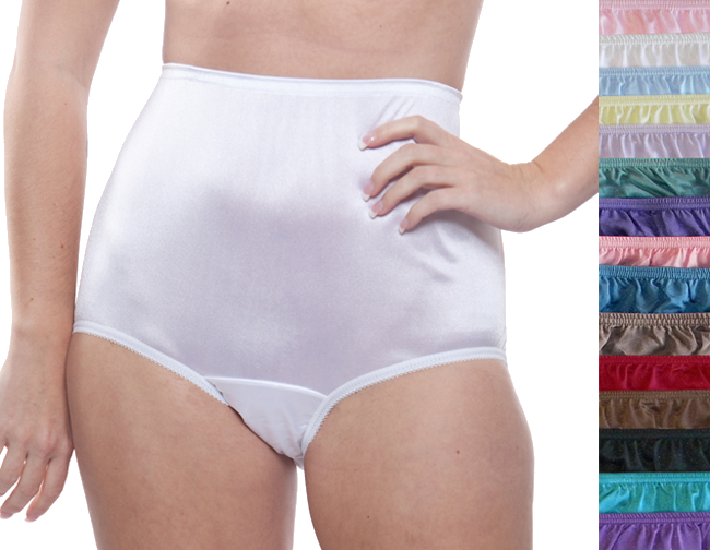 A person models shiny high-waisted Teri Lingerie Nylon Brief Panty (Style 331/Plain Jane), while on the right, 16 color options are shown for this full coverage style. The Surprise Color 10 Pack offers a fun mix of colors.