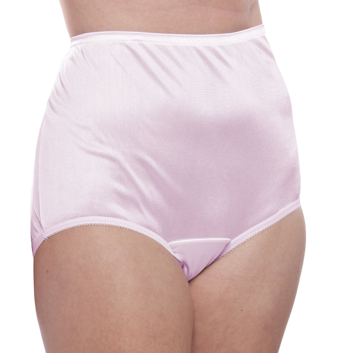 A person is shown from waist to upper thigh modeling Teri Lingerie Nylon Brief Panty (Style 331/Plain Jane) Surprise Color 10 Pack against a white background.