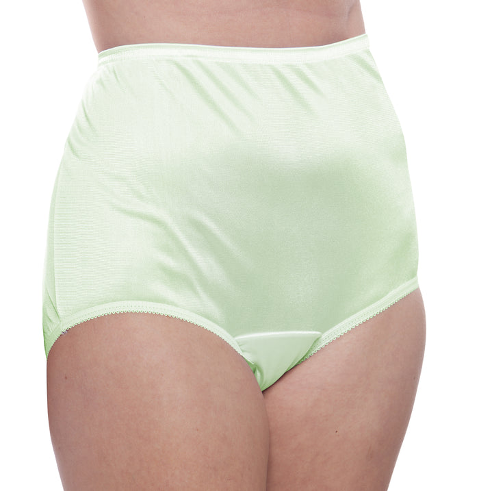 A person models Teri Lingerie’s Nylon Brief Panty (Style 331/Plain Jane) from the waist to upper thighs on a white background. Shown in light green, this style is available as a Surprise Color 10 Pack.