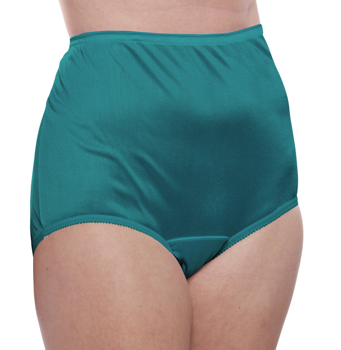 A close-up of a person wearing Teri Lingerie Nylon Brief Panty (Style 331/Plain Jane) from the Surprise Color 10 Pack, featuring a smooth, seamless design that highlights the midsection and upper thighs.
