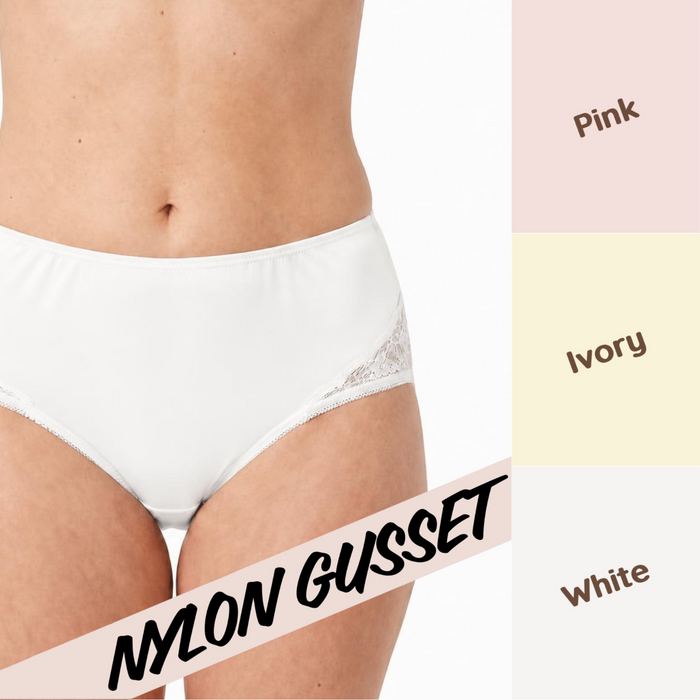 A woman models Teri Lingerie’s NYLON GUSSET Nylon and Lace Brief Panty (Style M108/Beatrice) 3 Pack in Assorted, featuring high-waisted lace sides for comfort in pink, ivory, and white. "NYLON GUSSET" is overlaid diagonally on the image.