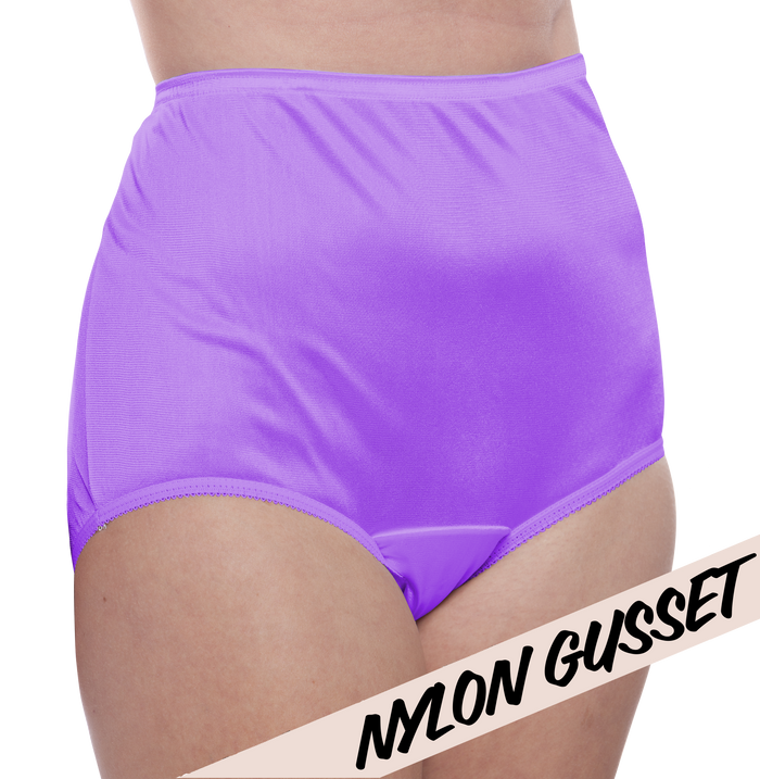 A person wears Teri Lingerie’s NYLON GUSSET Nylon Brief Panty (Style 331/Plain Jane) in amethyst purple, a high-waisted, full-coverage style, with "NYLON GUSSET" text diagonally on the bottom right.