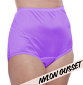 A person wears Teri Lingerie’s NYLON GUSSET Nylon Brief Panty (Style 331/Plain Jane) in amethyst purple, a high-waisted, full-coverage style, with "NYLON GUSSET" text diagonally on the bottom right.