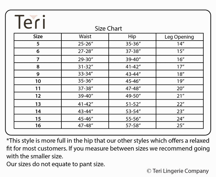 Teri Plain Jane Style 331 size chart for full-coverage nylon briefs, showing sizes 5-16 with waist, hip, and leg-opening measurements.
