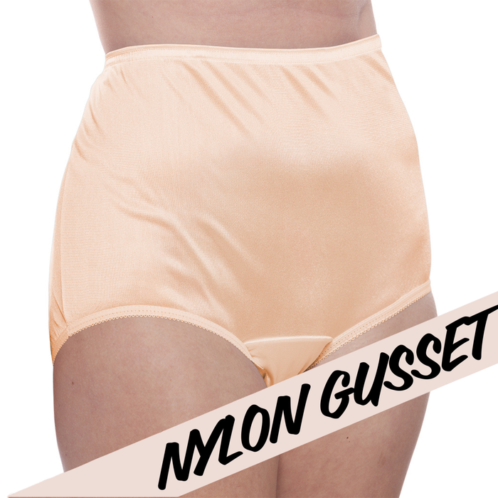 A person models the Teri Plain Jane Style 331 nylon-gusset full-coverage brief in Beige; NYLON GUSSET text appears across the image.