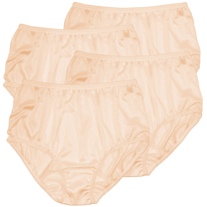 Four pairs of Teri Plain Jane Style 331 full-coverage nylon briefs in Beige are arranged in two overlapping rows on a white background.