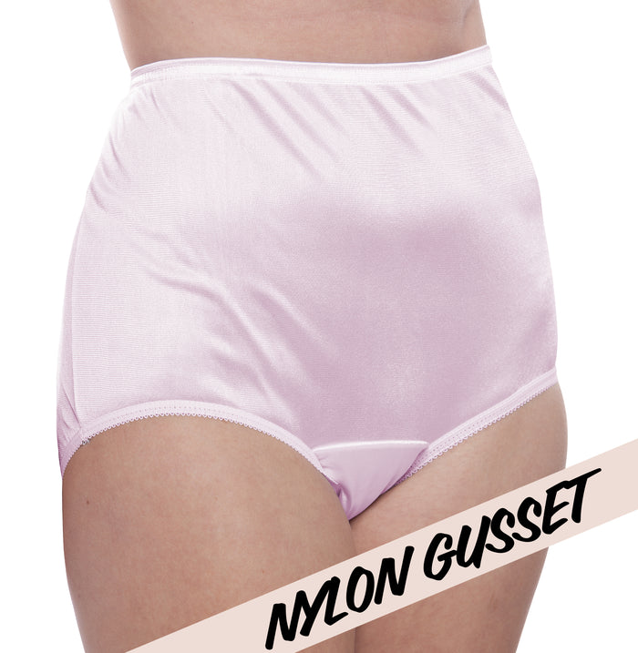A person wears Teri Lingerie’s NYLON GUSSET Nylon Brief Panty (Style 331/Plain Jane) in lilac, shown waist to mid-thigh. “NYLON GUSSET” text highlights the comfortable, full coverage underwear; available as a 4 pack.