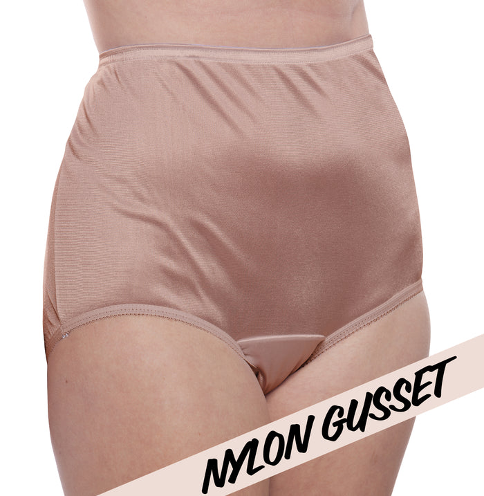 A person wears Teri Lingerie NYLON GUSSET Nylon Brief Panty (Style 331/Plain Jane) in mocha. "NYLON GUSSET" is written diagonally across the bottom right corner.